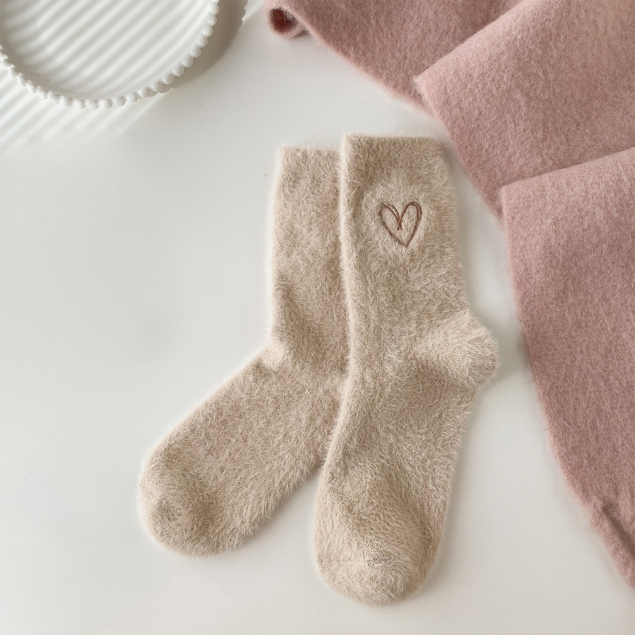5 Pairs Heart Embroidery Socks Warm & Comfy Fuzzy Stockings