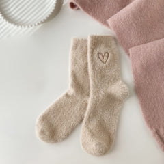 5 Pairs Heart Embroidery Socks Warm & Comfy Fuzzy Stockings