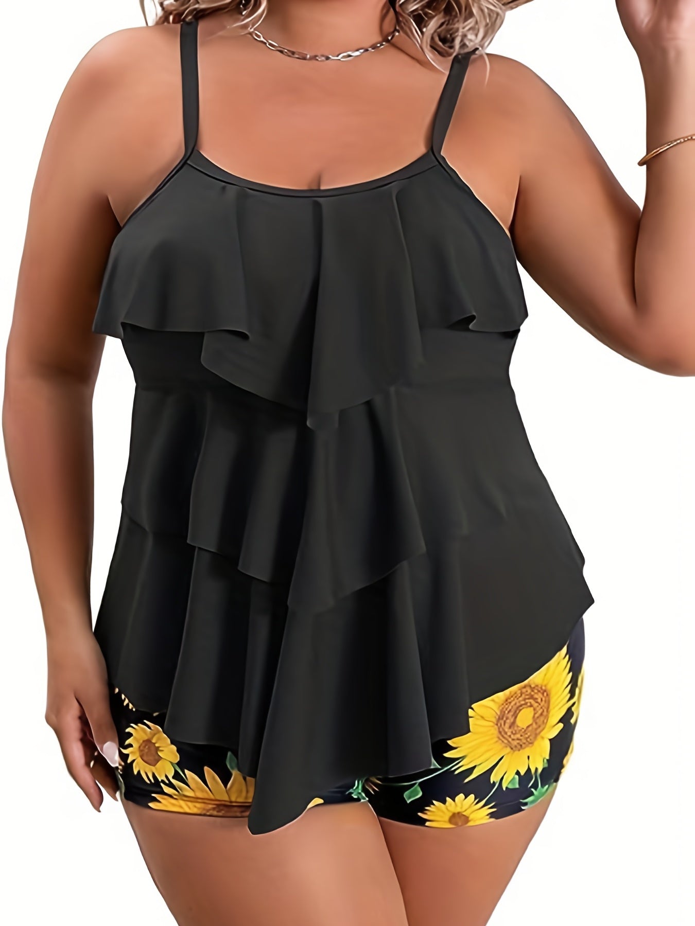  Tankini Set Ruffle Trim Cami Top & Sunflower Print Shorts