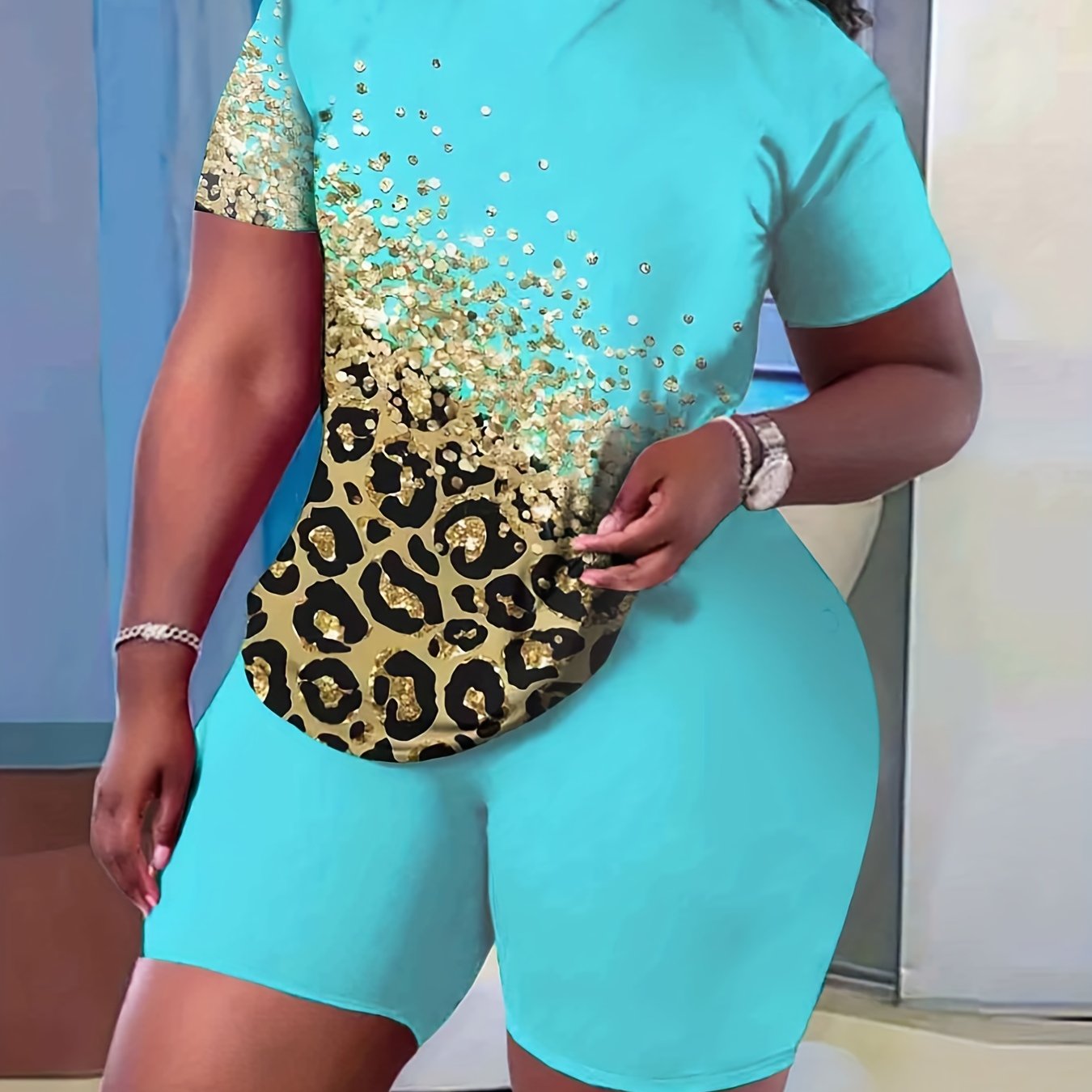 Graphic Print Two piece Set Crew Neck Short Sleeve Tee & Slim Shorts Outfits