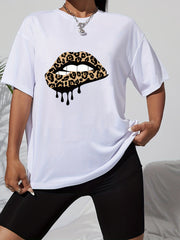 Leopard Lips Print Graphic Tee Short Sleeve Crew Neck T-shirt