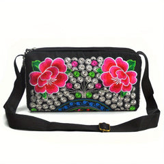 Embroidery Crossbody Bag with Three Zip Shoulder Design