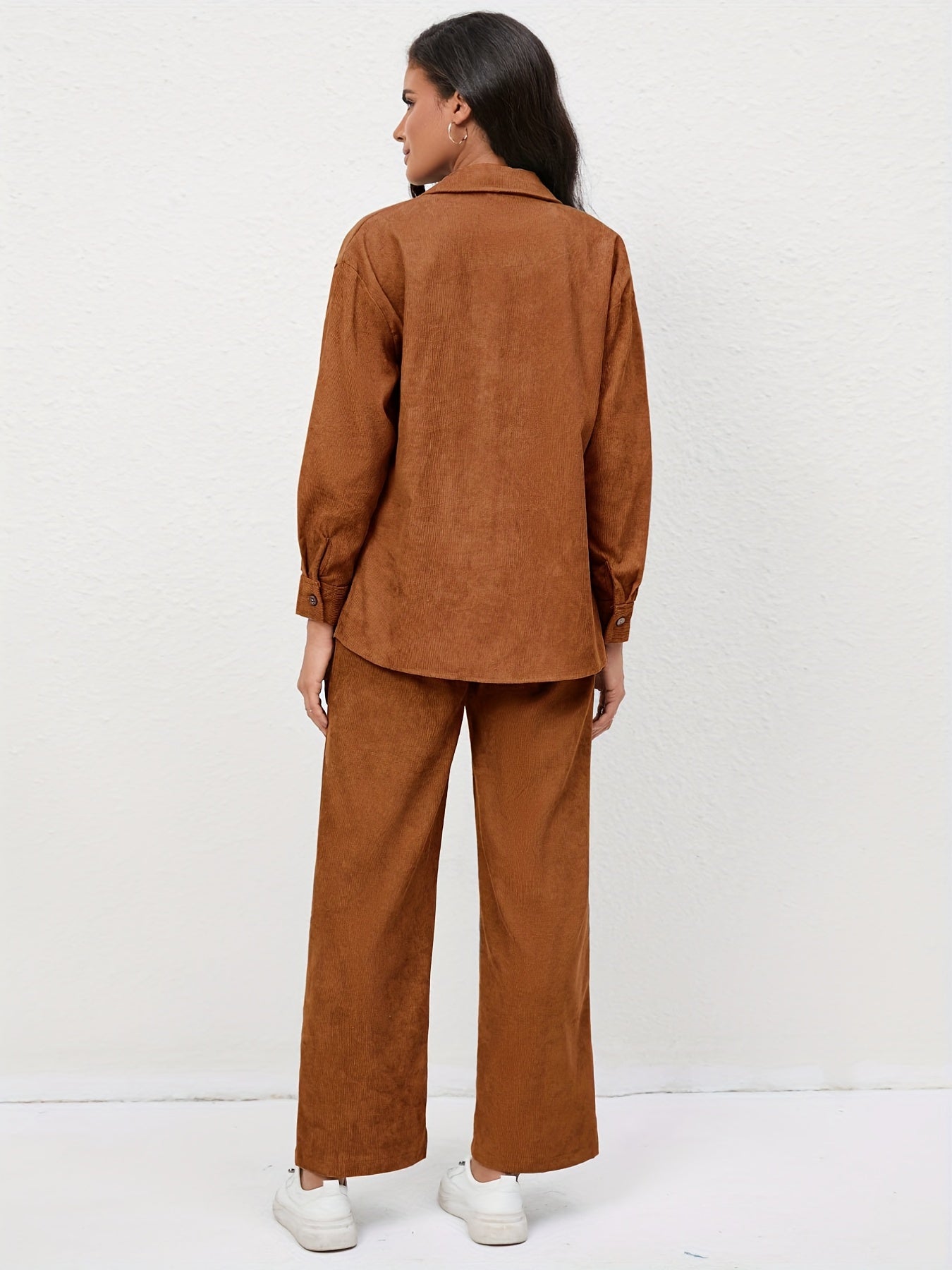Casual Corduroy 2-Piece Set Long Sleeve Shirt & Pants Outfit
