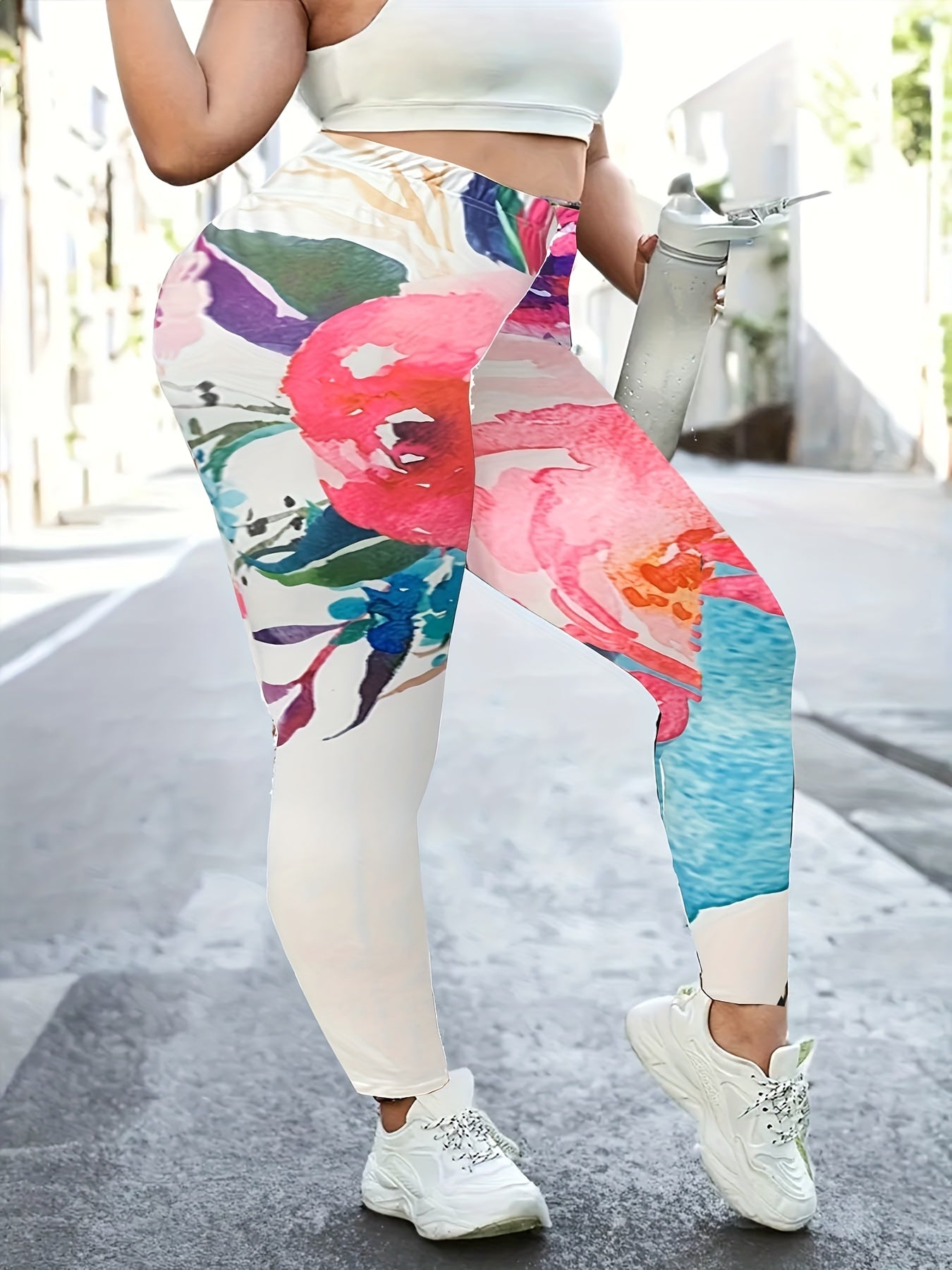  Sporty Leggings Women's Plus Floral Print High Rise Yoga Leggings