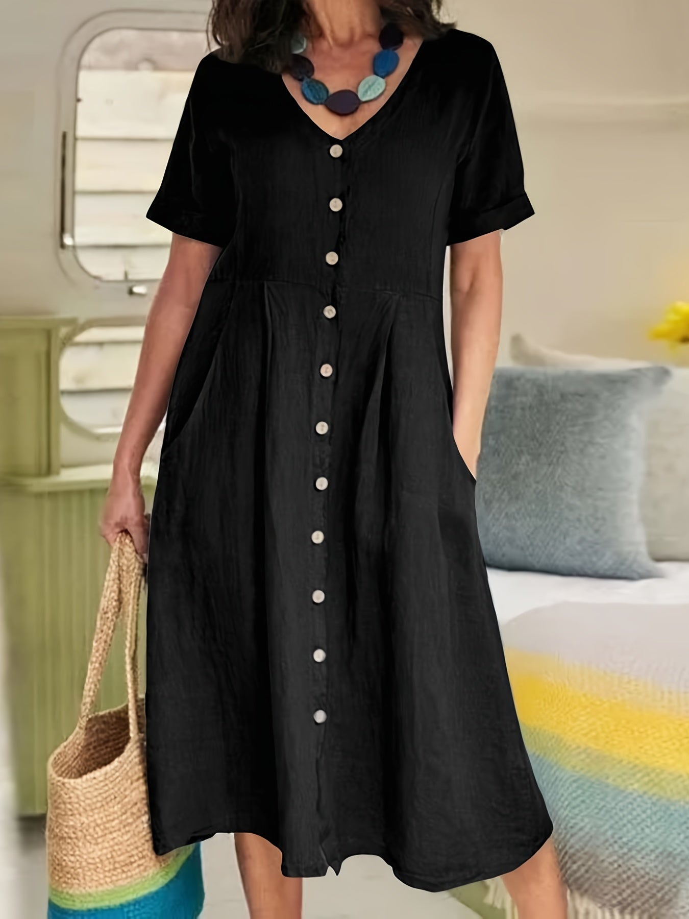  Women's V Neck Loose Fit Dress