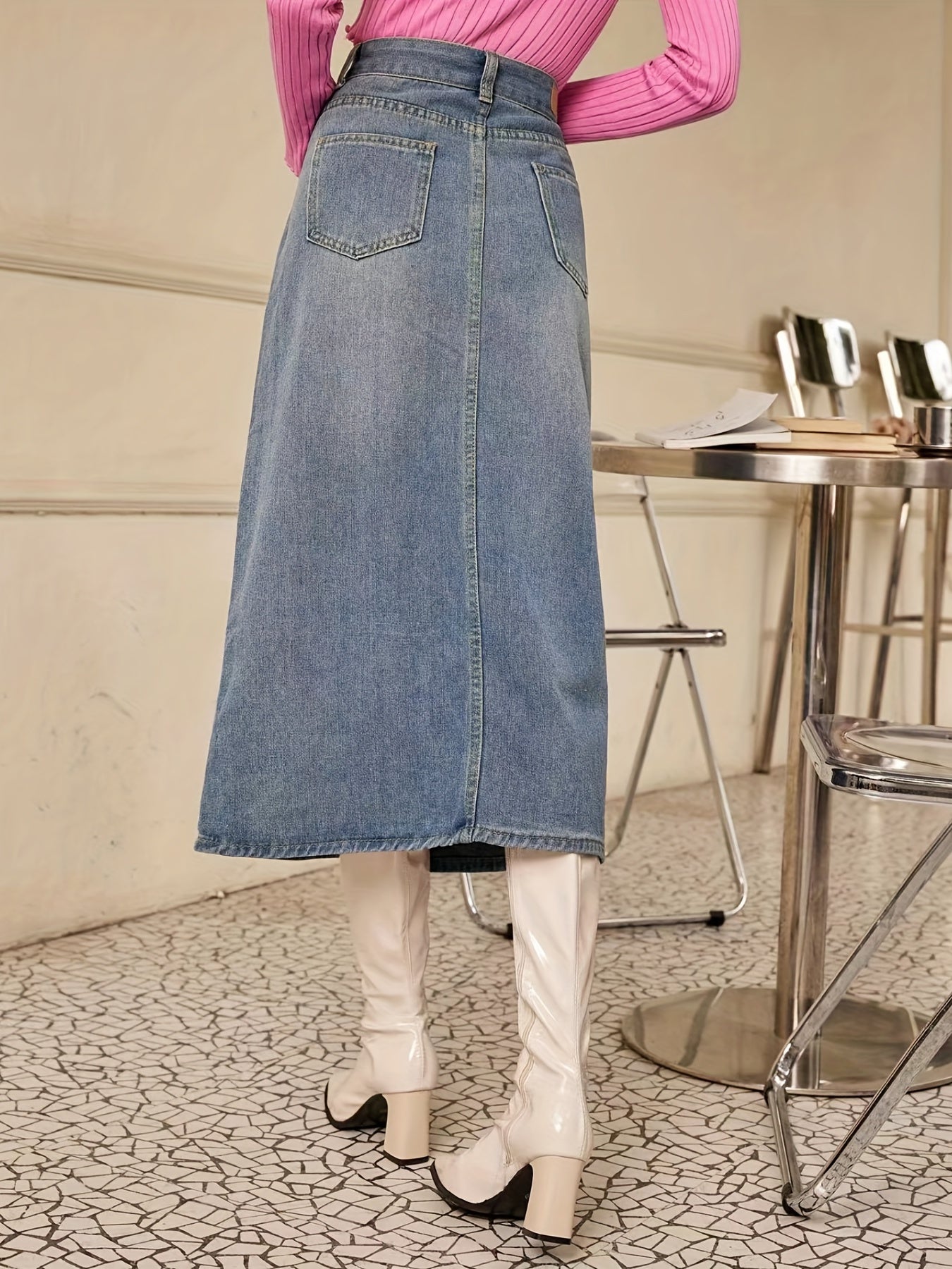 Front Slit Mid High Waist Denim Skirt Slash Pockets