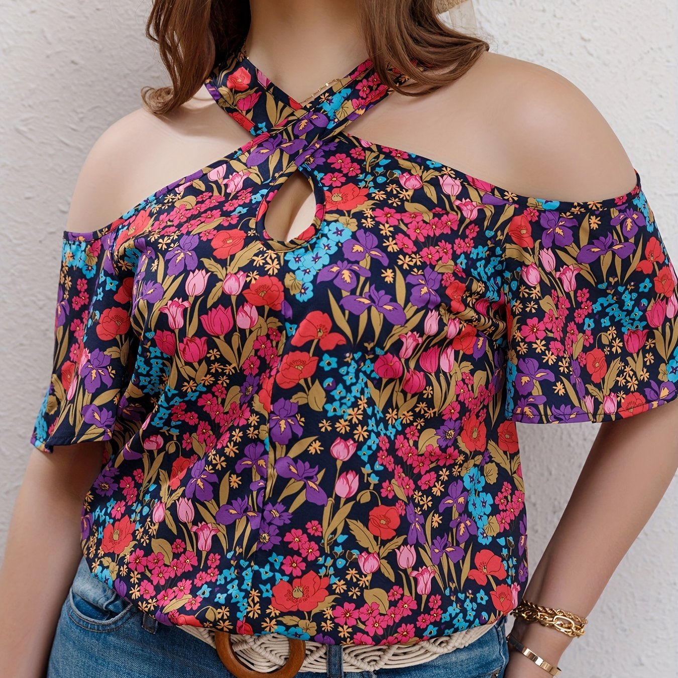  Allover Floral Print Cold Shoulder Cross Neck Top