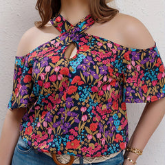  Allover Floral Print Cold Shoulder Cross Neck Top