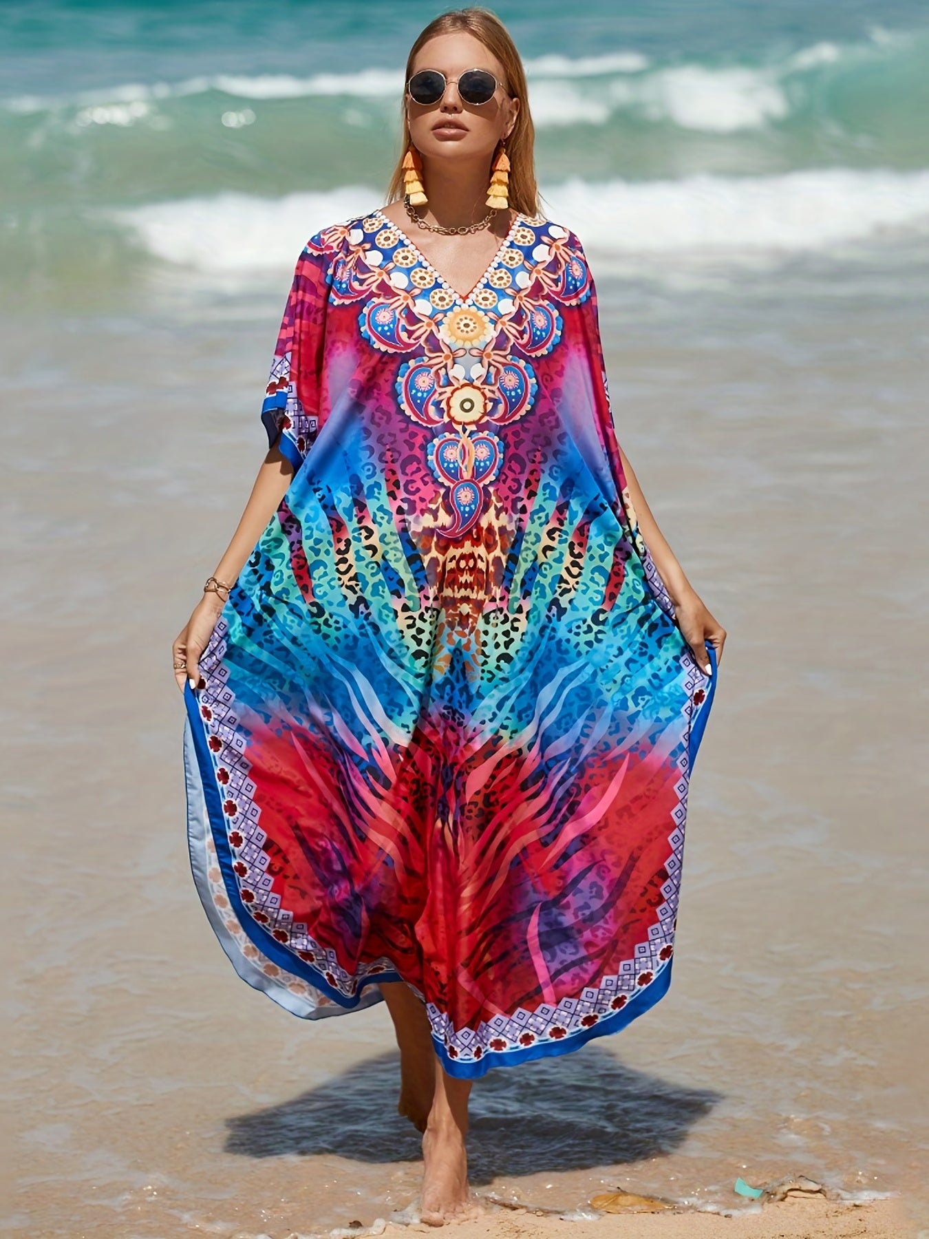 Boho Cover Up Dress Leopard Print V Neck