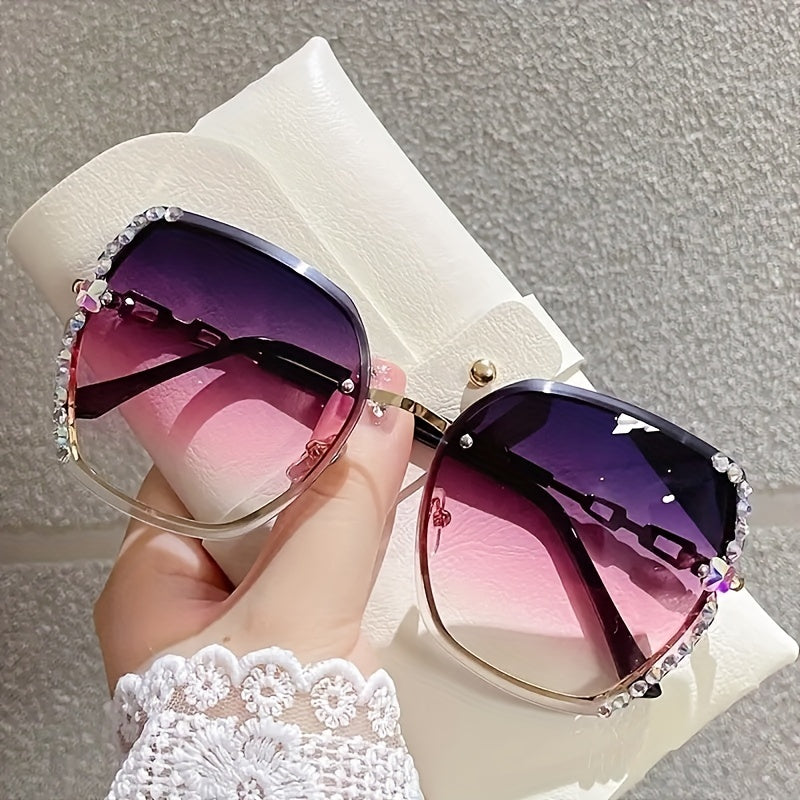 Oversized Rhinestone Sunglasses Gradient Rimless UV400