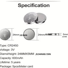 5pcs CR2450 3V Lithium Coin Cell Batteries