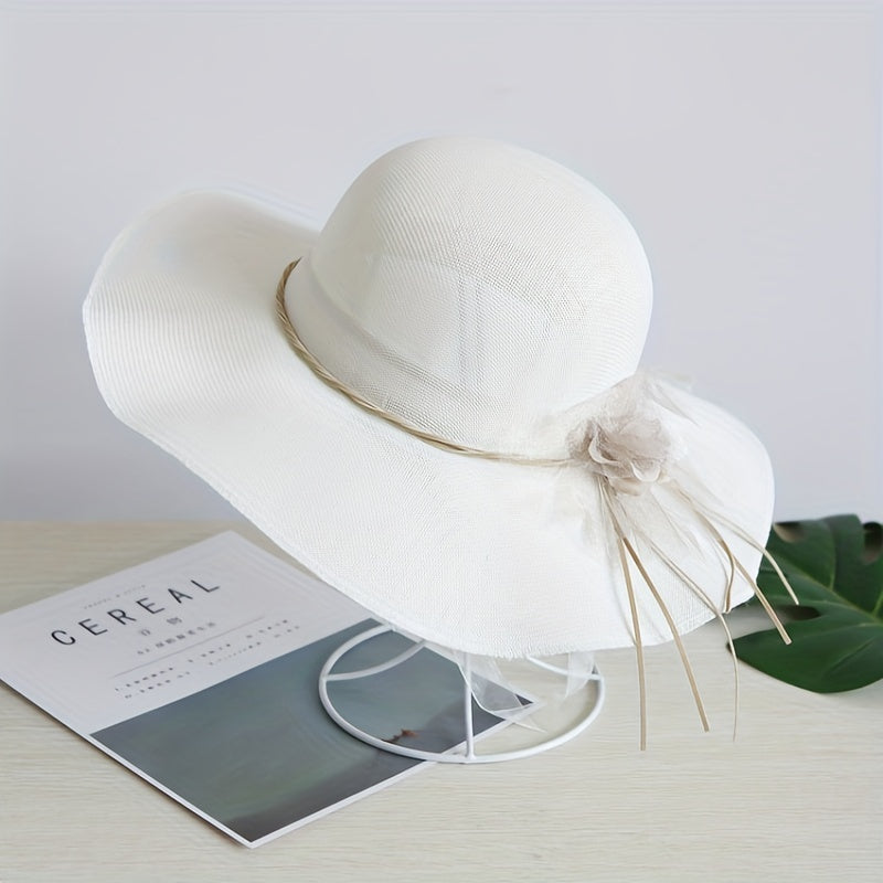Wide Brim Beach Hat Lace Flower Rope Knot Sun Hat Solid Sunscreen Bucket Hat