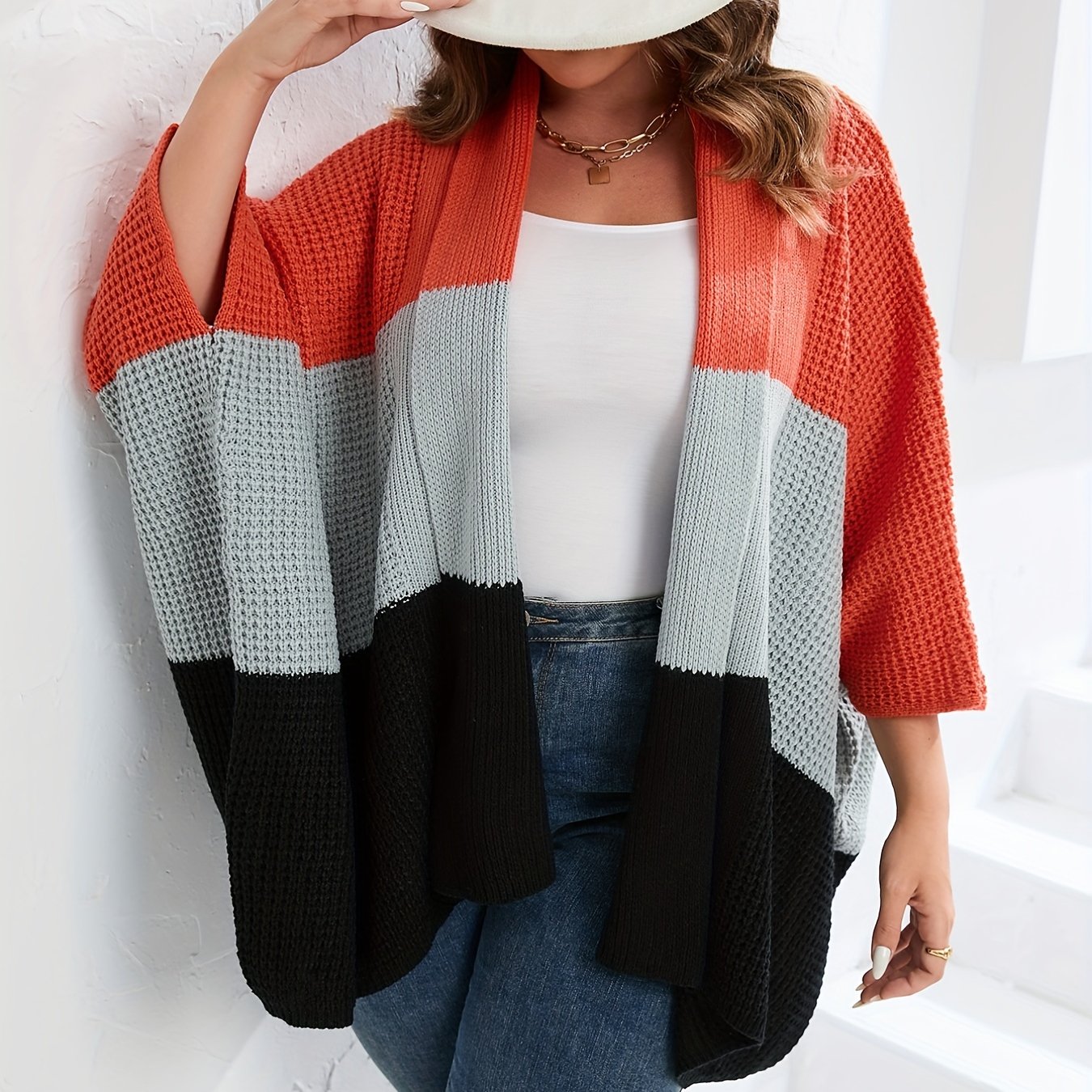  Colorblock Bell Sleeve Sweater Cardigan Women's Plus Casual Sweater