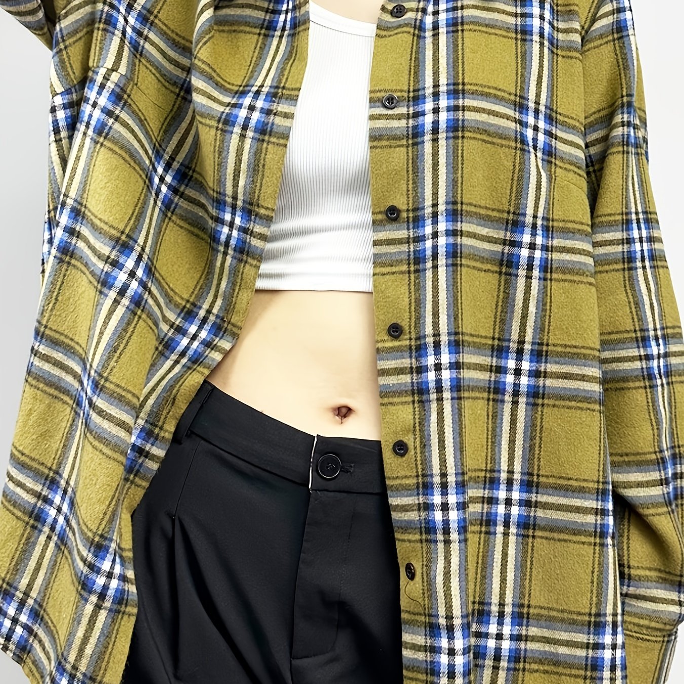  Plaid Print Side Split Long Sleeve Button Up Tunic Shirt Top