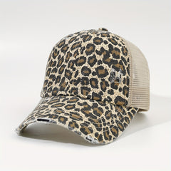 Leopard Print Ponytail Trucker Hat Dad Cap for Women