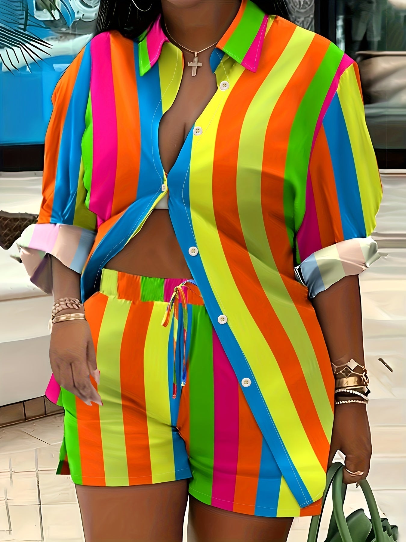  Stripe Print Long Sleeve Shirt & Shorts Set