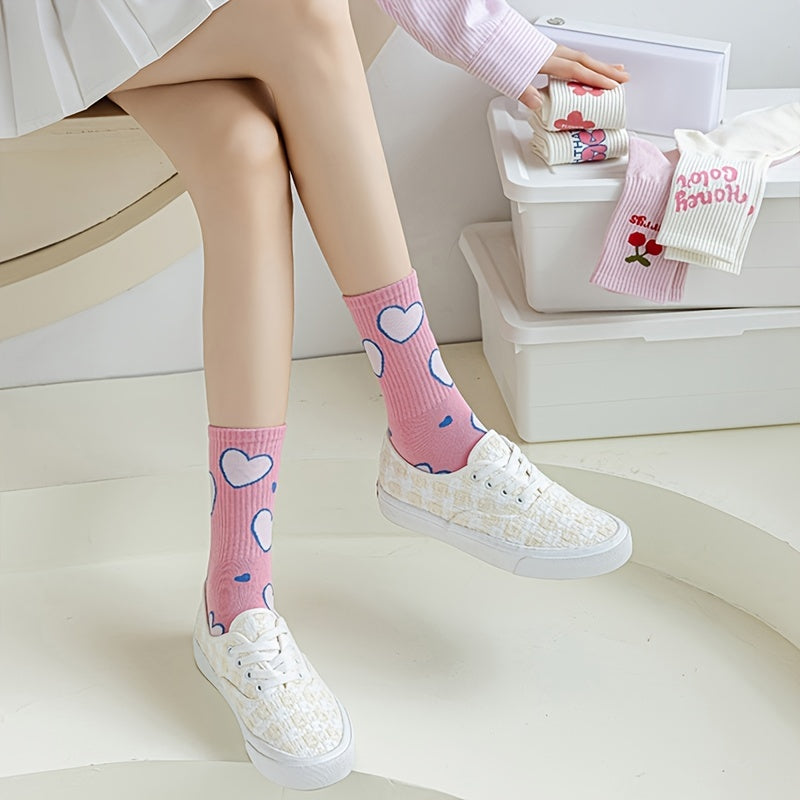 5 Pairs Letter & Heart Print Socks Women's Stockings