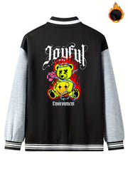 Men's Joyful Muppet Bear Print Jacket Long Sleeve Baseball Collar