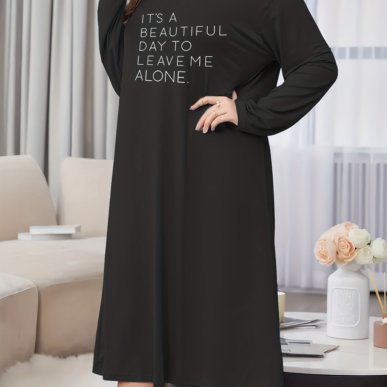 Lounge Dress Women's Slogan Print Long Sleeve Nightdress