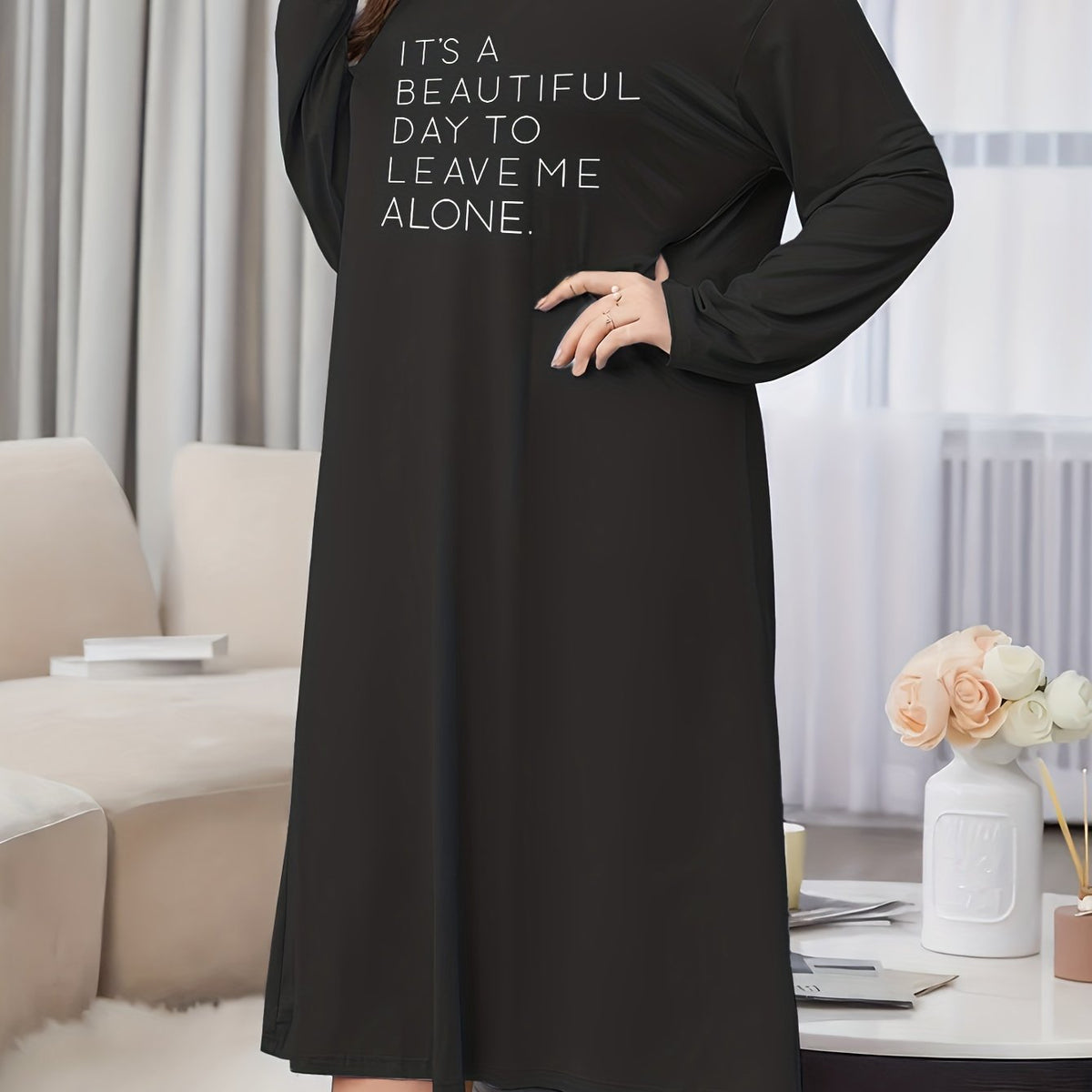  Lounge Dress Women's Slogan Print Long Sleeve Nightdress