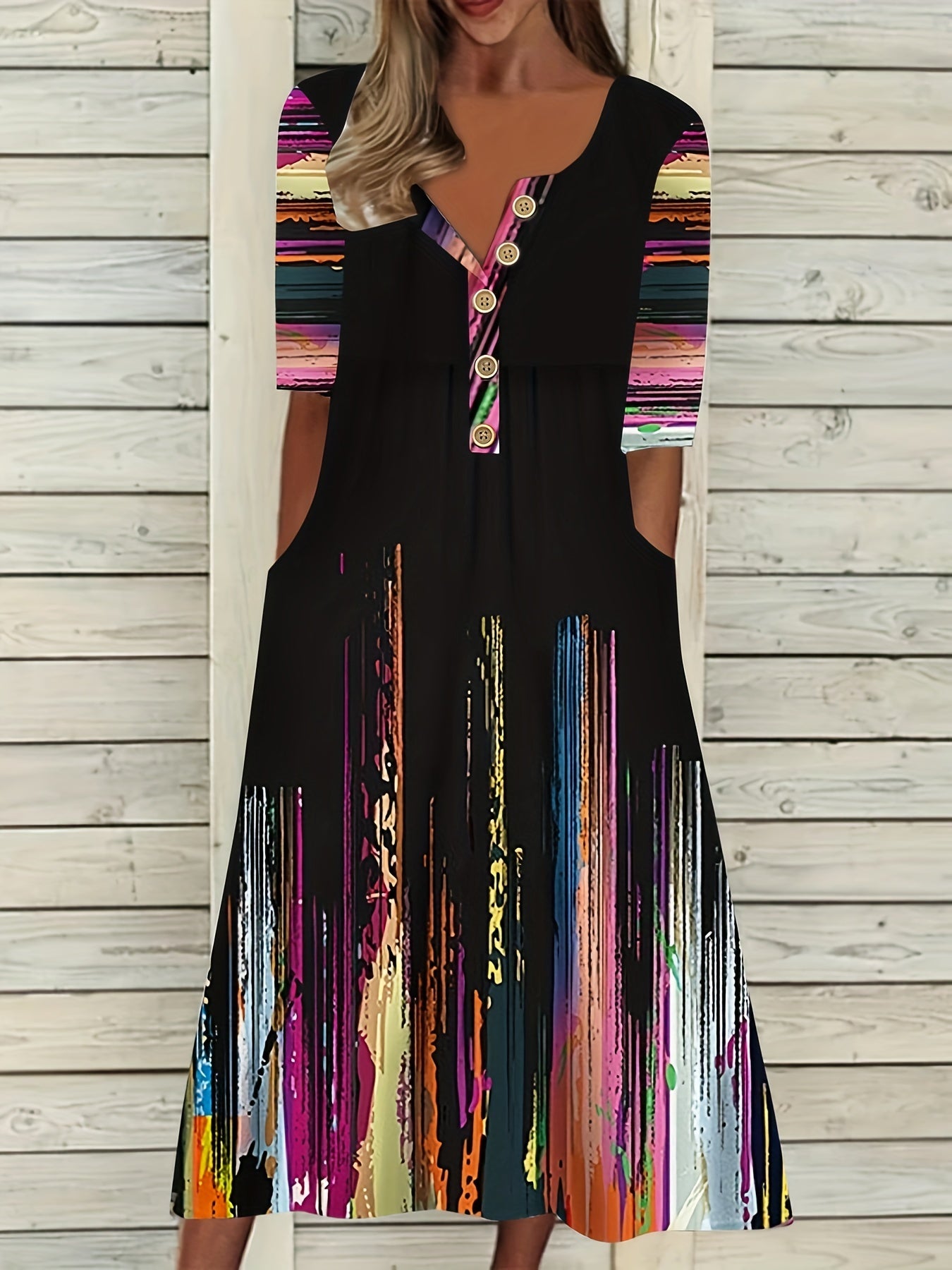  Women's Brush Print Maxi Dress with Pockets