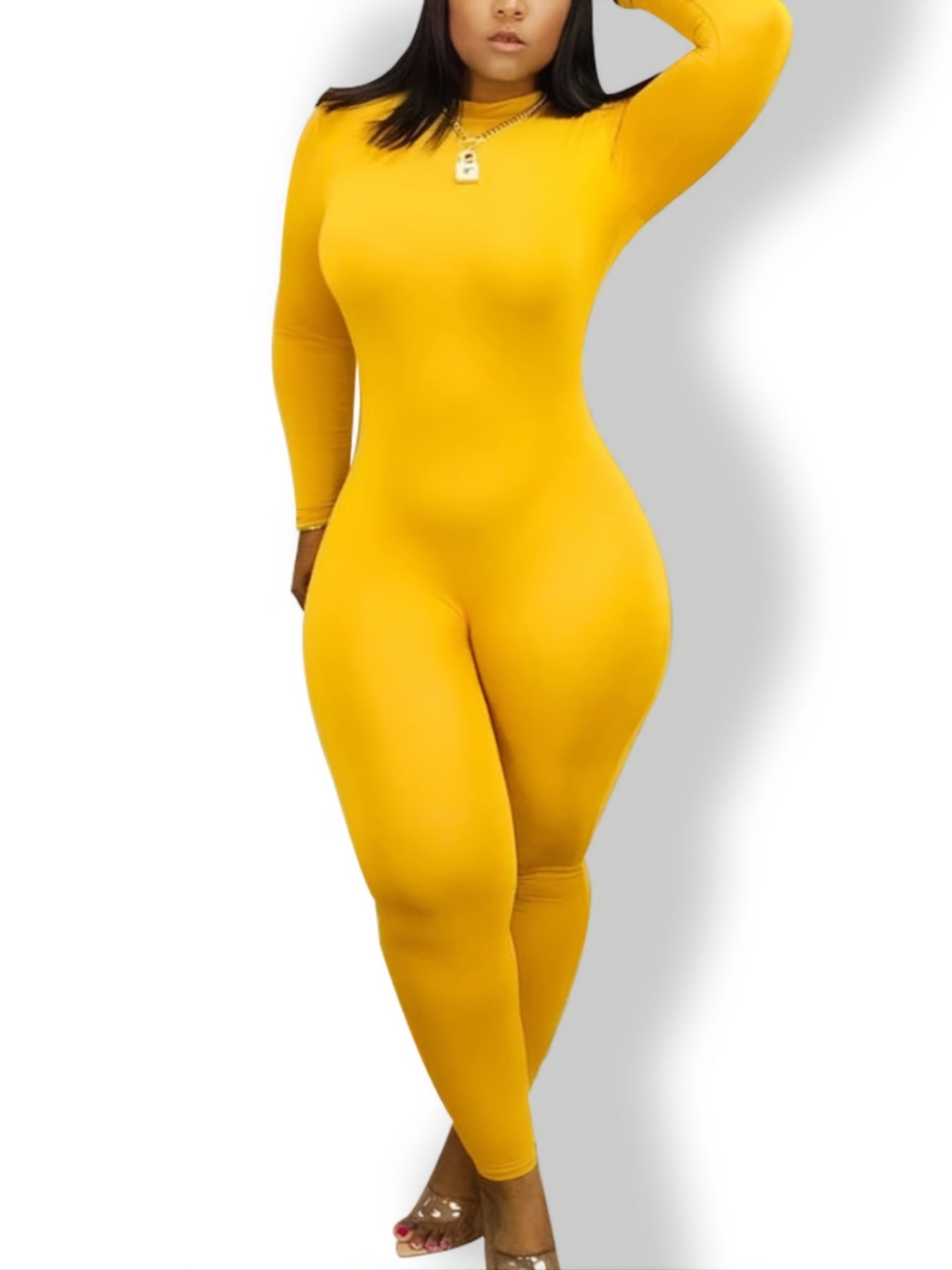 Solid Long Sleeve Round Neck Jumpsuit Skinny Bodycon