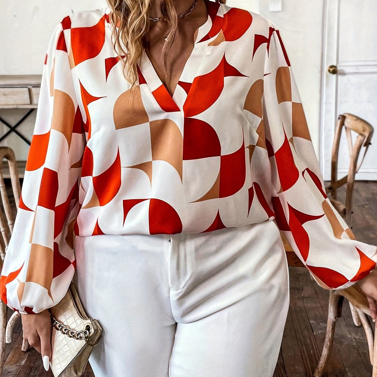  Casual Blouse Women's Plus Colorblock Geometric Print V Neck Blouse