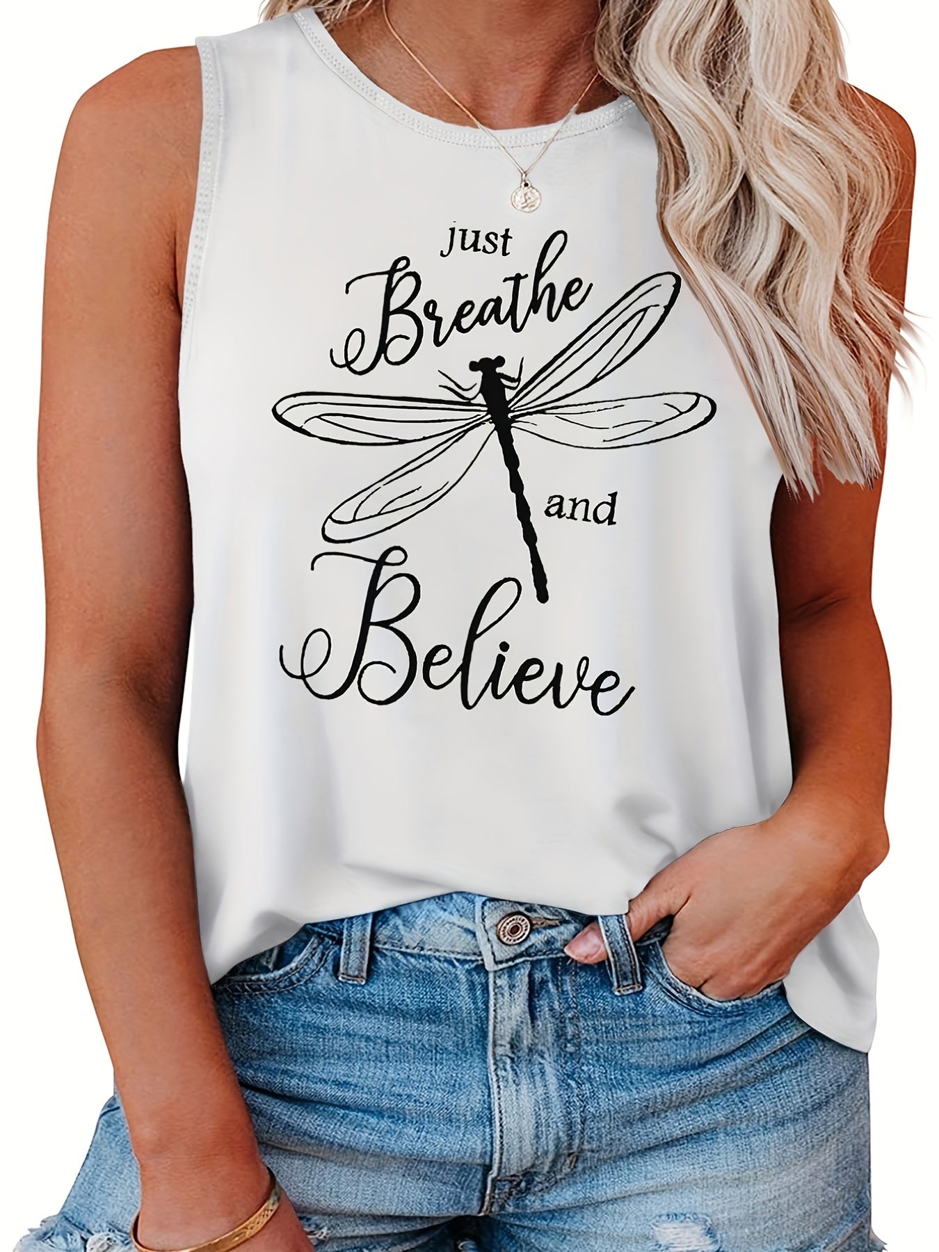 Women's Plus Dragonfly Print Tank Top Sleeveless Casual Shirt