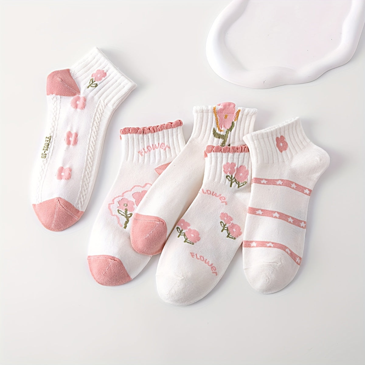 5 Pairs Floral Print Socks Short Women's Stockings & Hosiery
