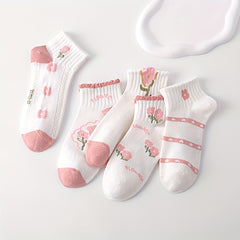 5 Pairs Floral Print Socks Short Women's Stockings & Hosiery