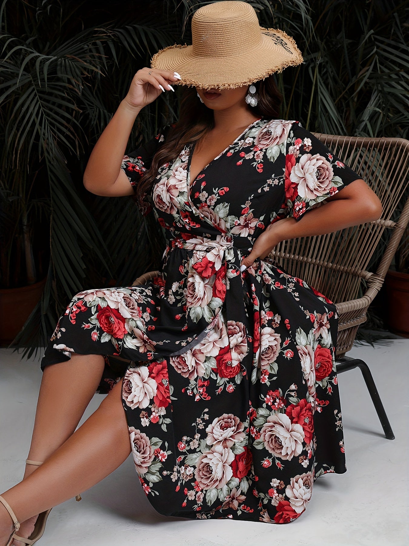  Floral Print Short Sleeve Wrap Dress