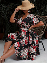  Floral Print Short Sleeve Wrap Dress