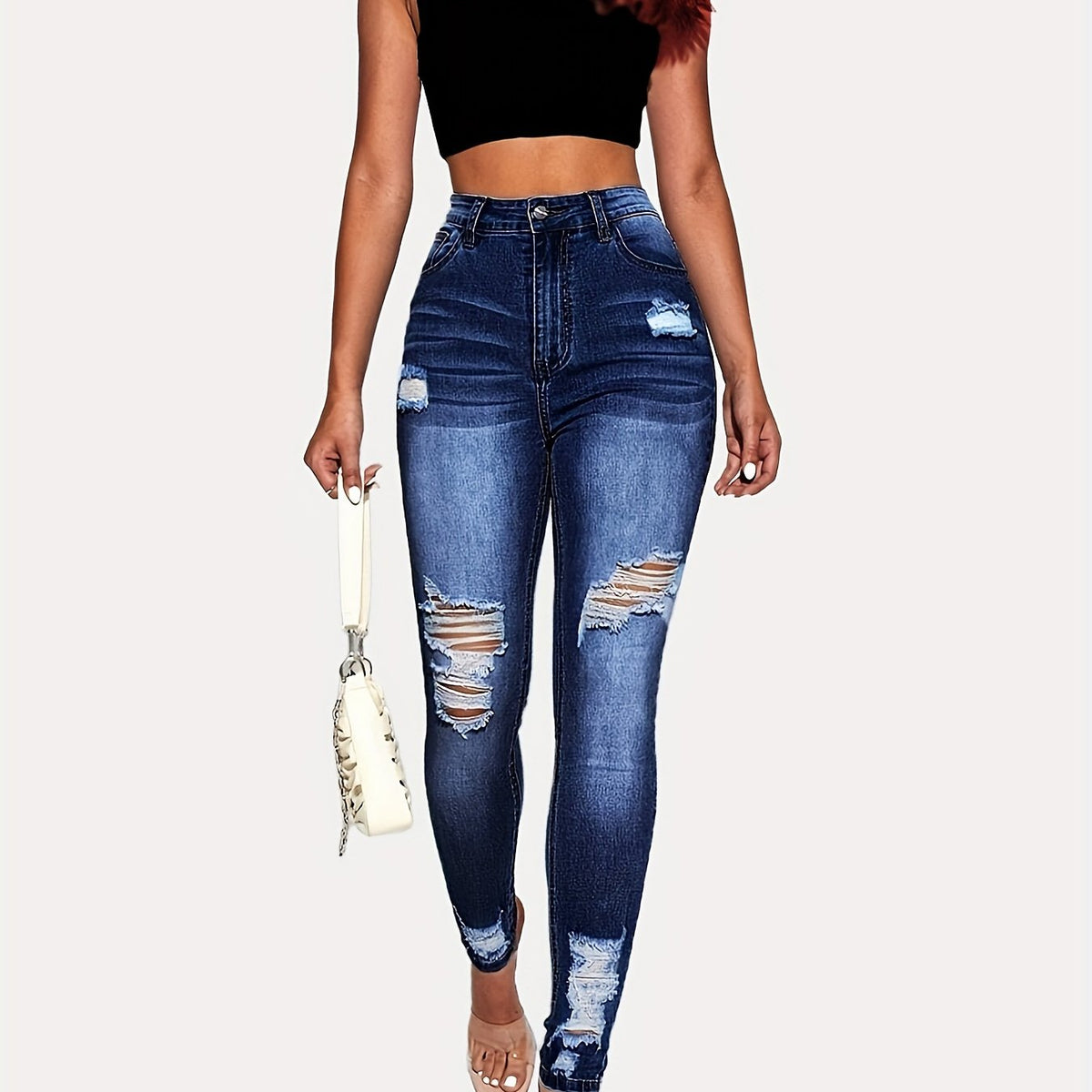 High Rise Ripped Leg Skinny Jeans Water Ripple Embossed Denim Pants