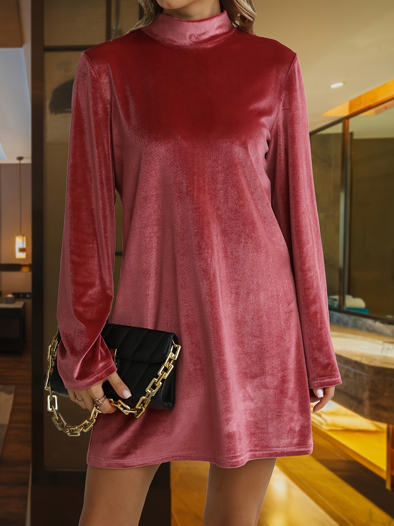 Velvet Long Sleeve High Neck Mini Dress for Plus Size
