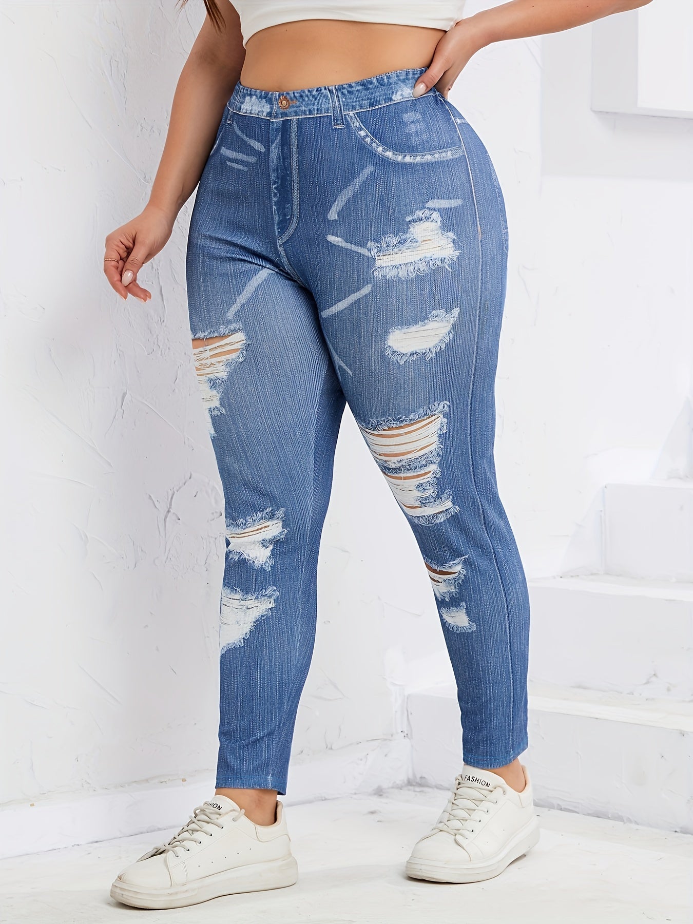  Ripped Print High Stretch Leggings Women's Plus High Waist Leggings
