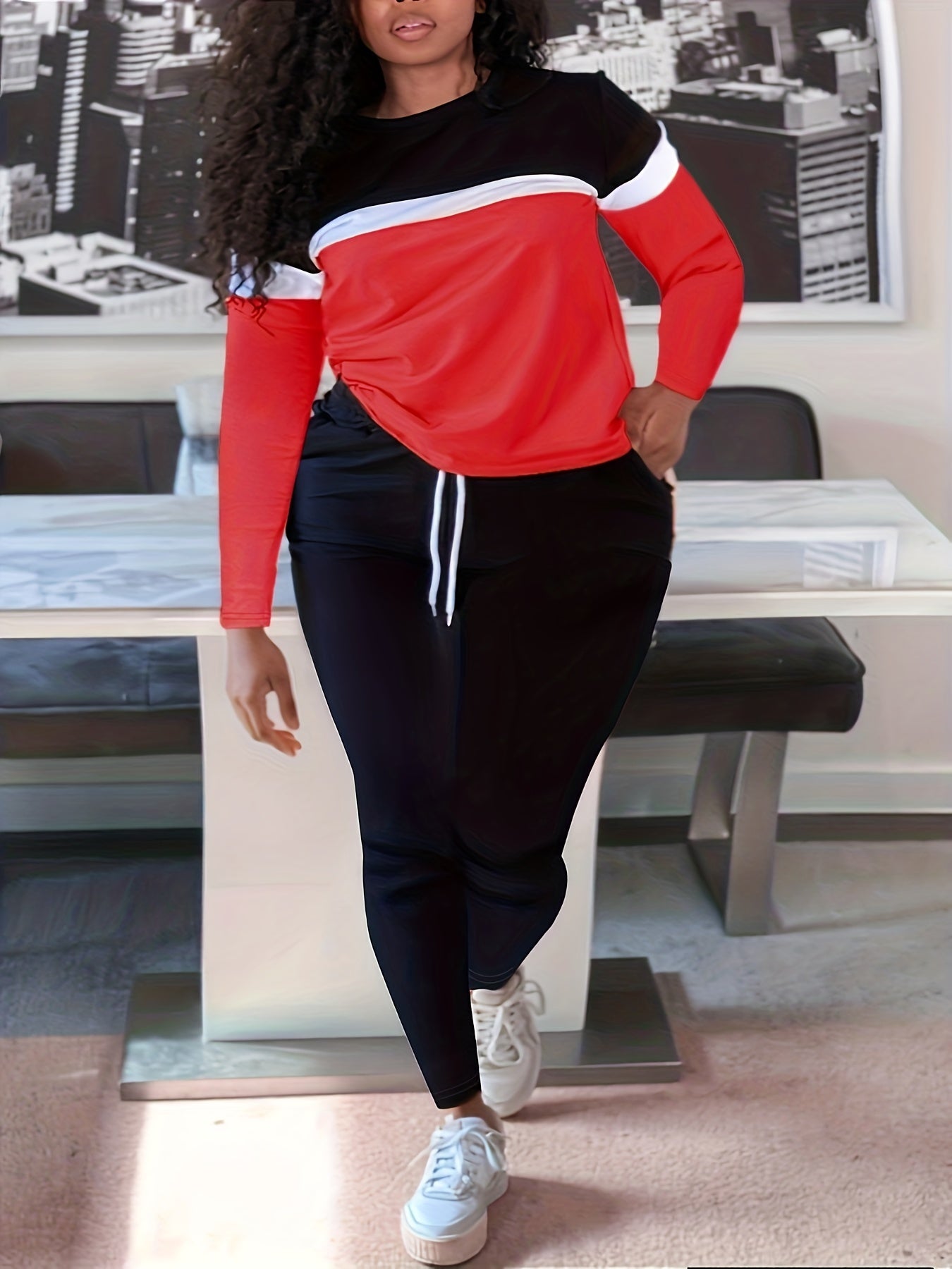  Colorblock Long Sleeve Round Neck Top & Pants Set