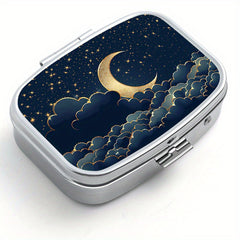 Celestial Night Sky Pill Box with Dual Compartments Metal Case for Travel