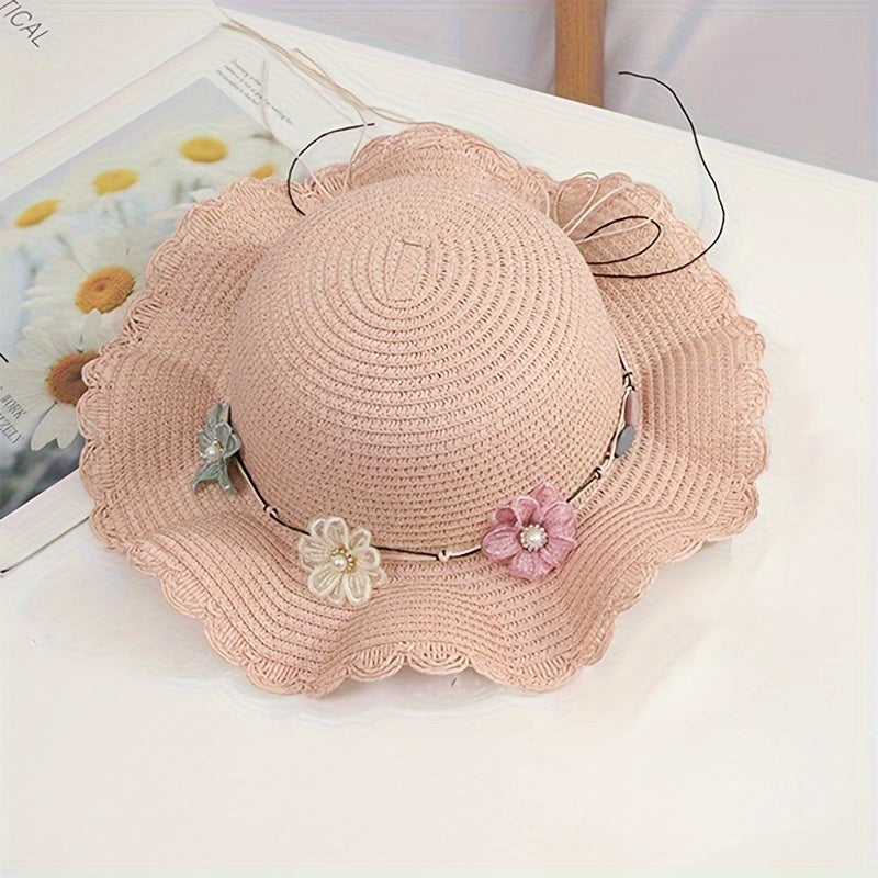 Girls' Straw Hat With Flower Decor for Summer Beach & Outdoors