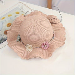 Girls' Straw Hat With Flower Decor for Summer Beach & Outdoors