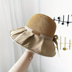 Bowknot Stitching Bucket Hat Foldable Wide Brim Crochet Sun Hat