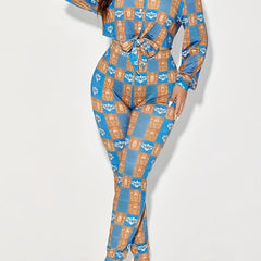  Boho Colorblock Floral Print Top & Leggings 2 Piece Set