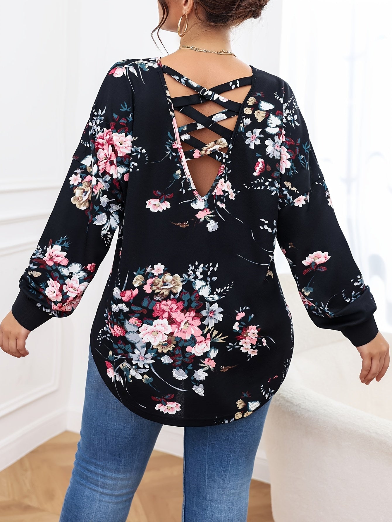 Women's Plus Size Floral Print Long Sleeve V Neck Tunic Top