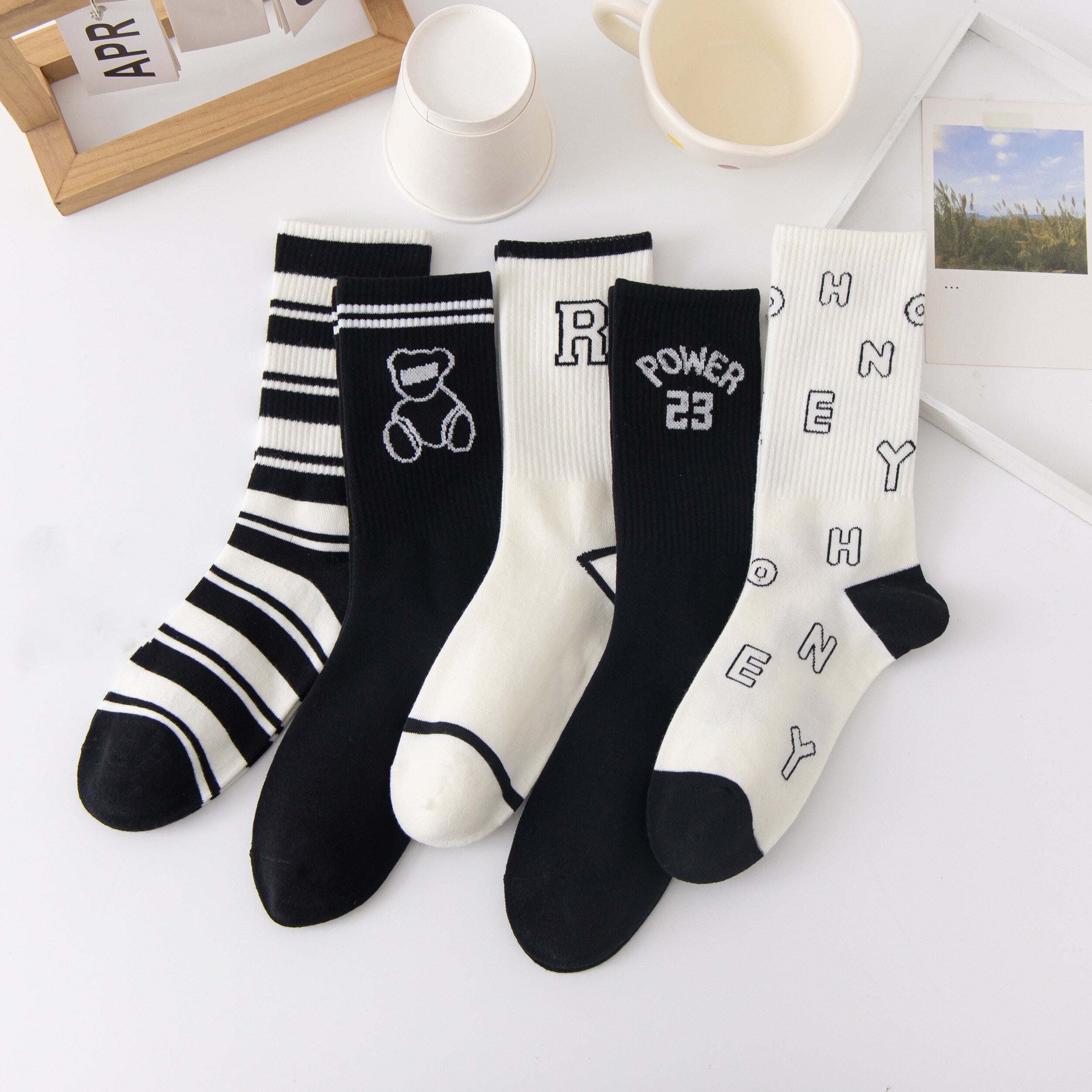 5 Pairs Letter & Stripe Print Ribbed Socks Women's Stockings