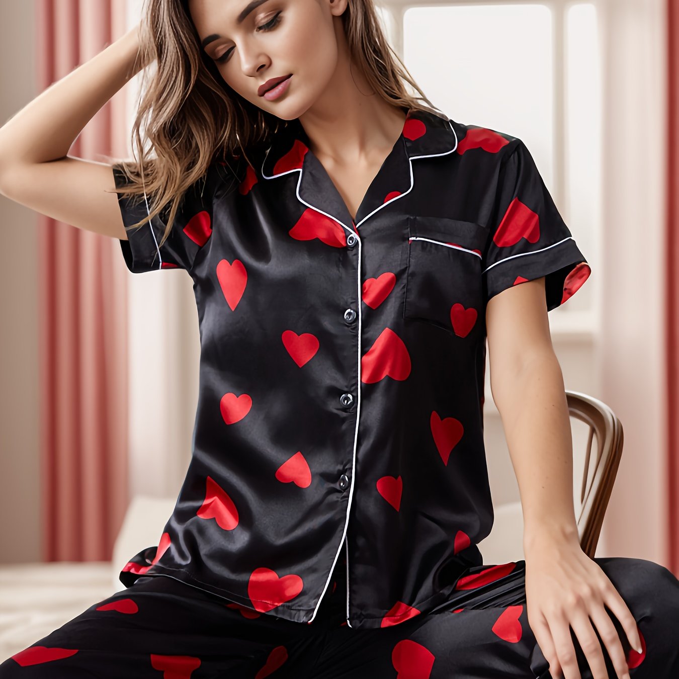 Heart Print Pajama Set Short Sleeve & Elastic Waistband Pants