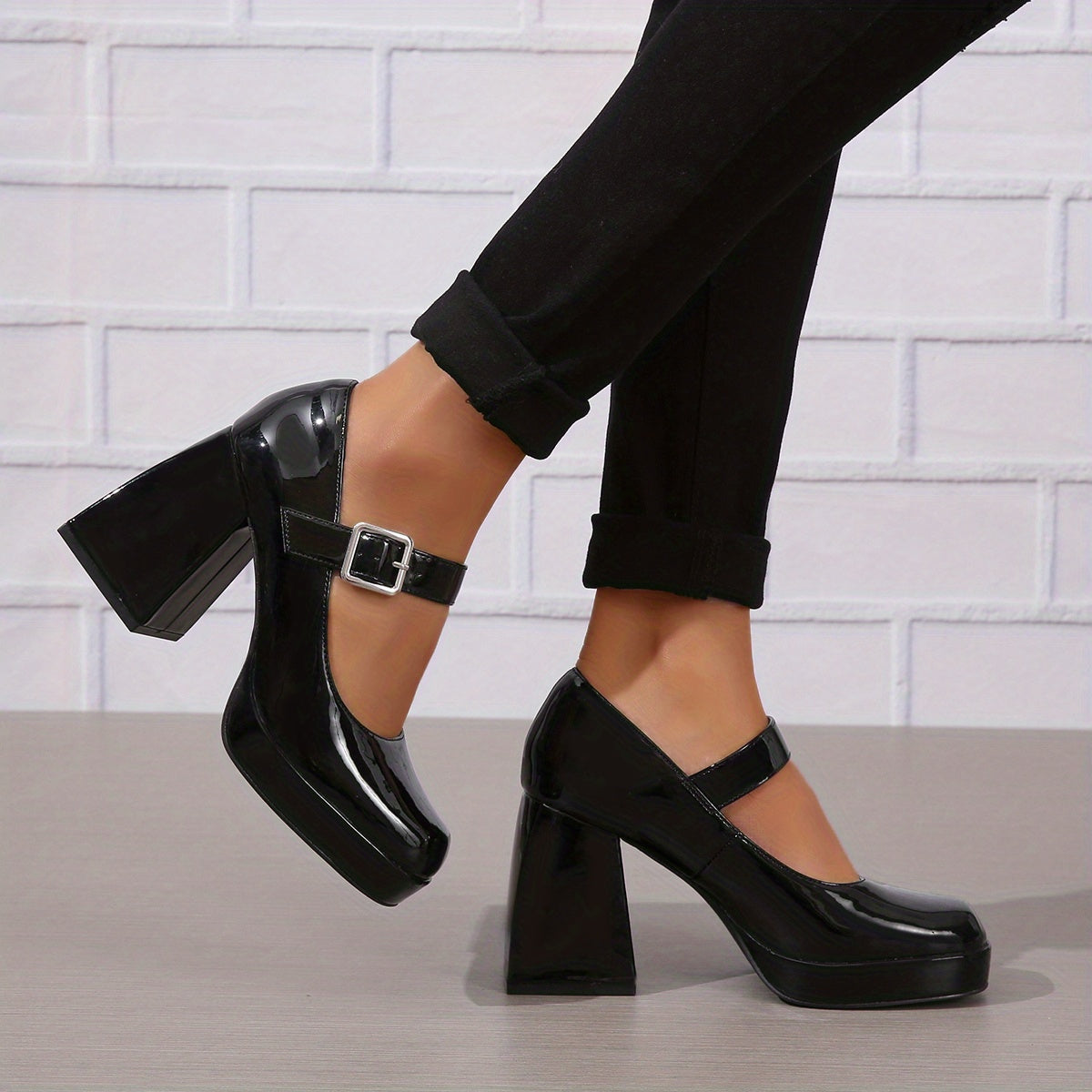 Women's Block Heeled Mary Jane Square Toe High Heels