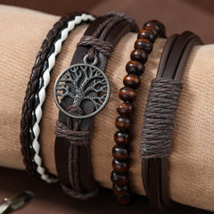 4pcs Set Men's Braided Leather Bracelets Vintage Tree Rudder Charm Brown