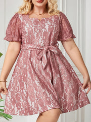  Solid Lace Puff Sleeve Mini Dress With Belt