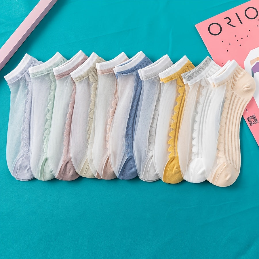 10 Pairs Mesh Sheer Boat Socks Lace Ankle Stockings Women's Hosiery