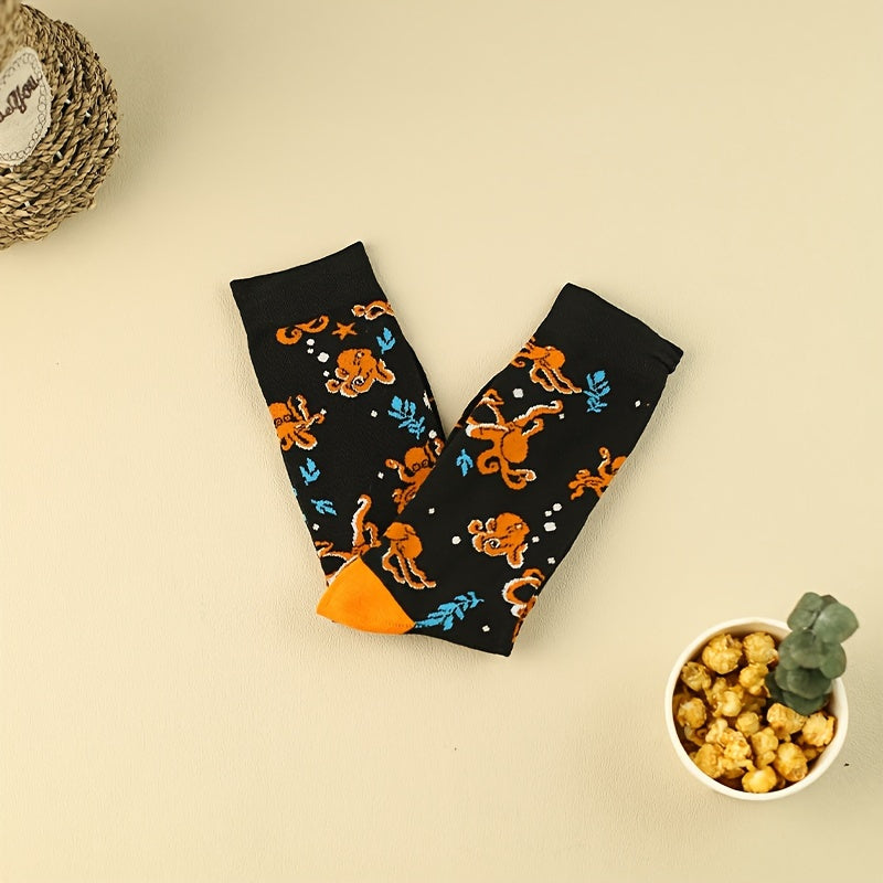 3 Pairs Cartoon Octopus Print Socks Women's Mid Tube Stockings