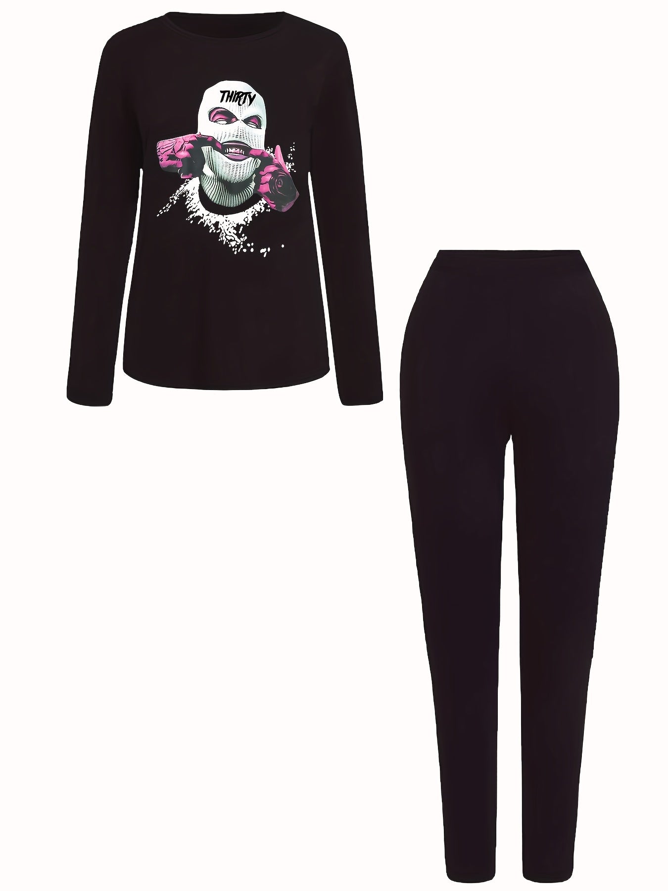  Women's Halloween 2 Piece Set, Cartoon & Letter Print Top & Leggings